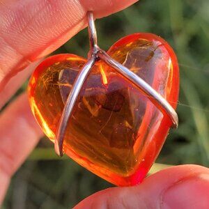 Handmade HUGE vibrant Baltic amber heart 925 sterling silver